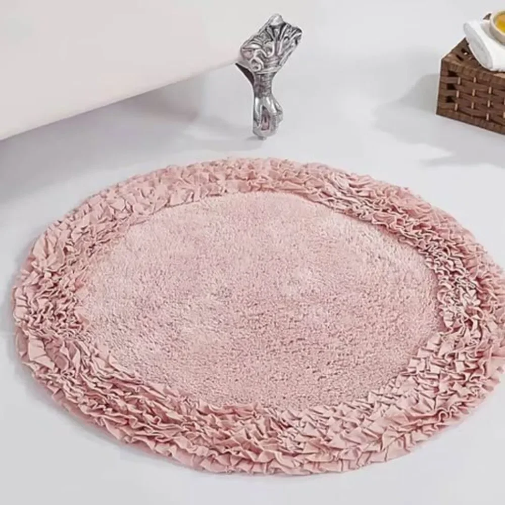 100% Cotton Pink Shaggy Ruffled Border Bath Rug 30” Round NEW